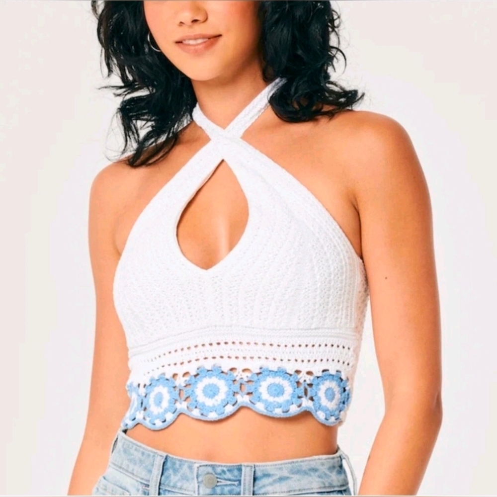 Hollister White Crochet Halter Crop Top with Blue Flower Trim